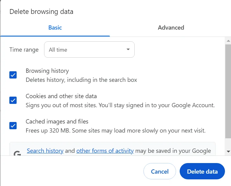 delete browsing data
