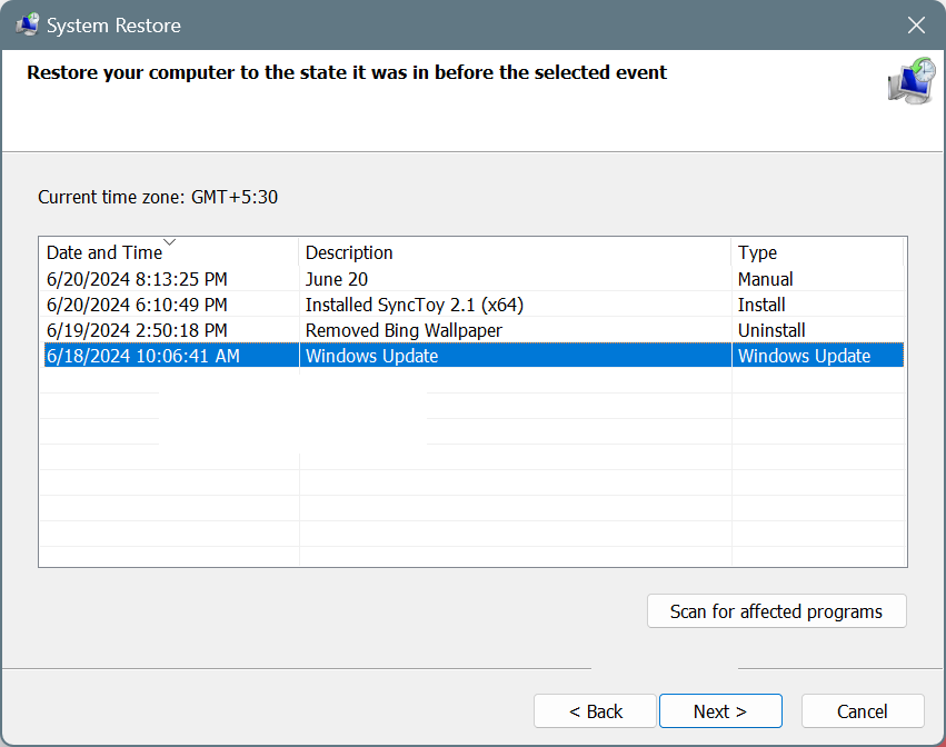 restore points for system restore