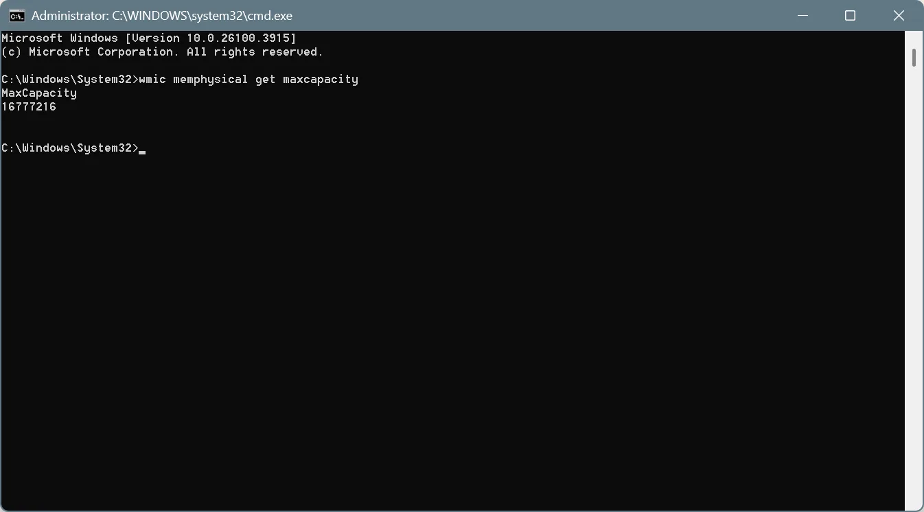 checking ram limit windows using wmic memphysical get maxcapacity