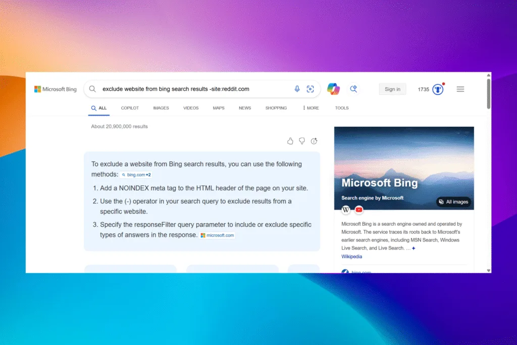 exclude website from Bing search