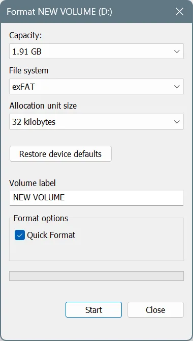 formatting exfat file system Windows