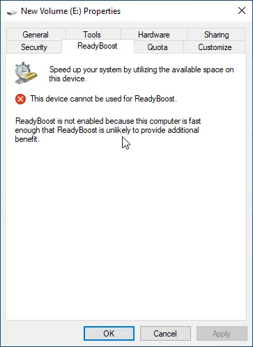 readyboost tab on computer with SSD