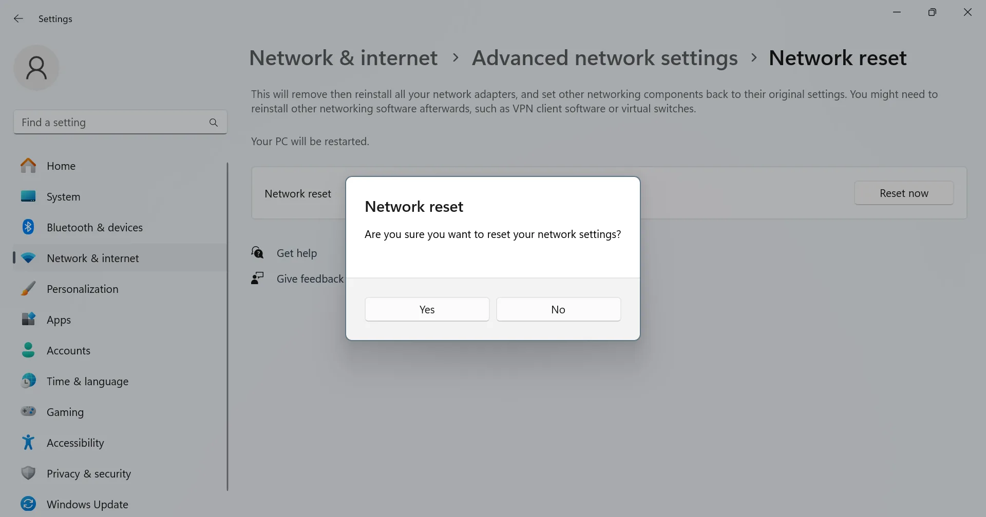 network reset in windows