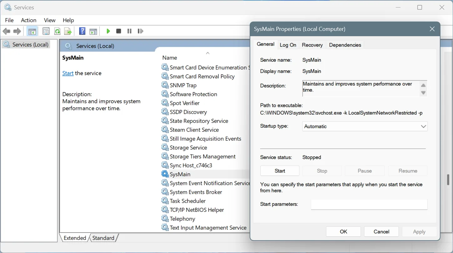 running sysmain service on windows