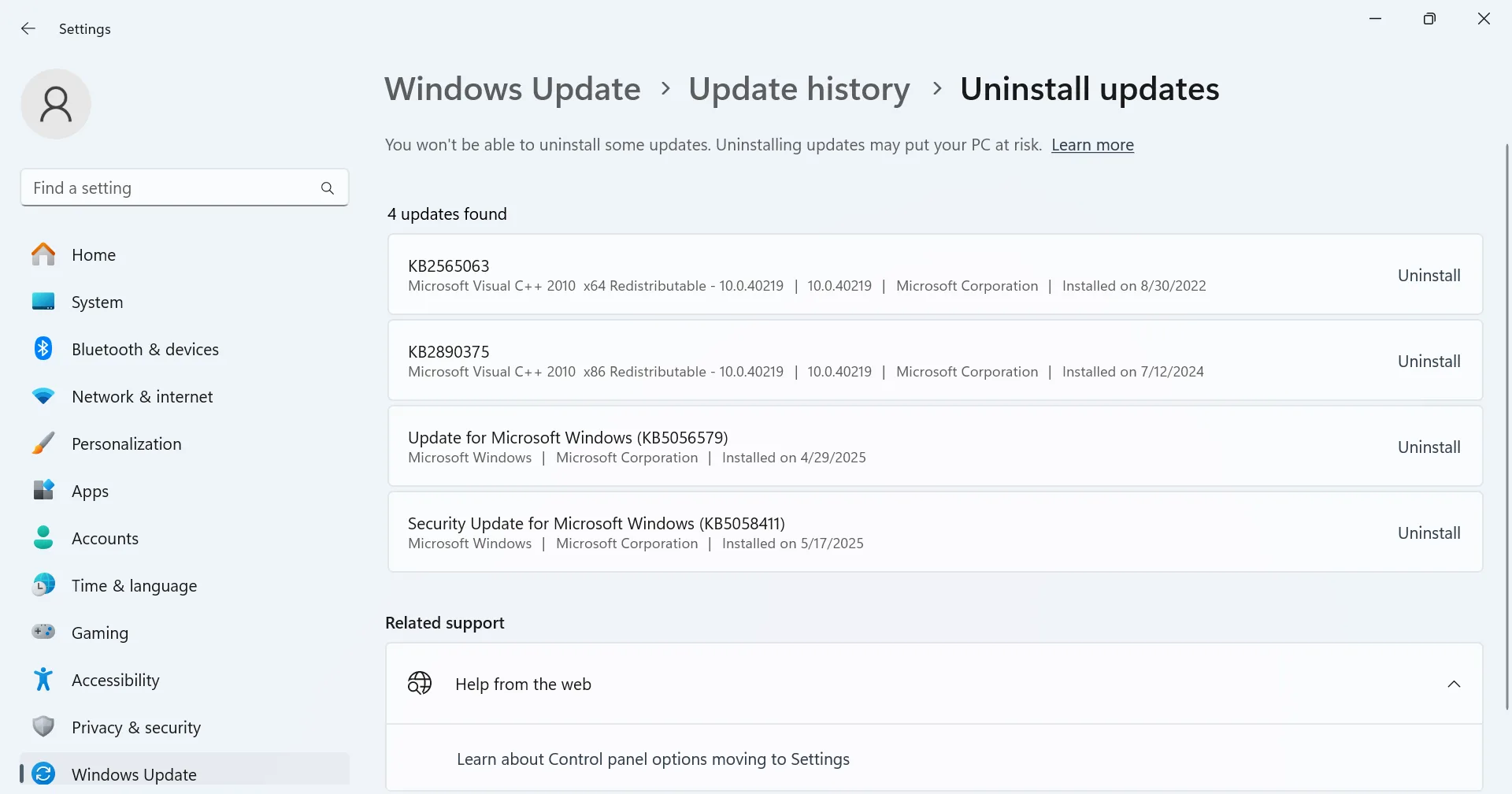 uninstall Windows updates