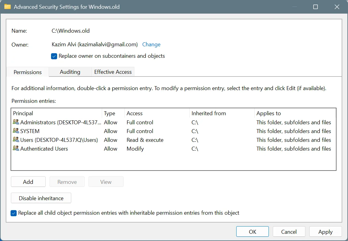 advanced security settings to delete windows.old