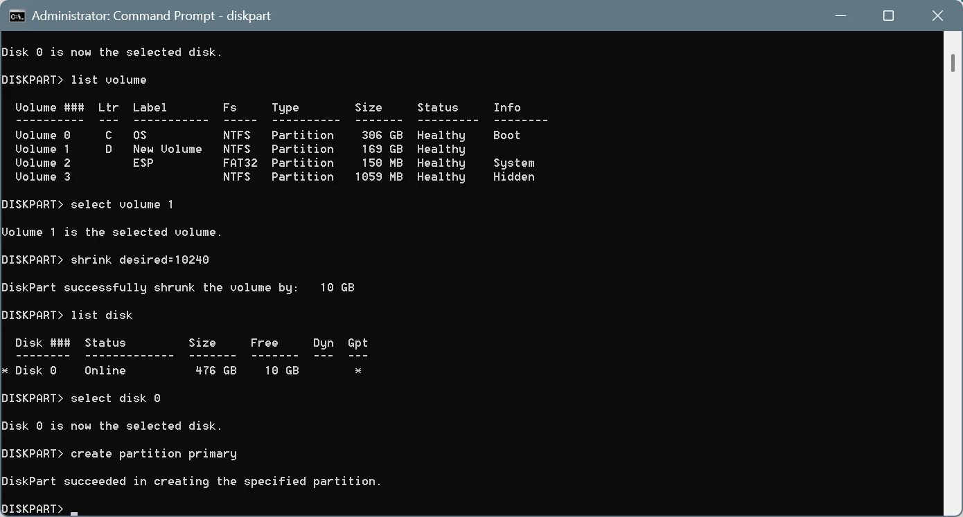 create partition primary