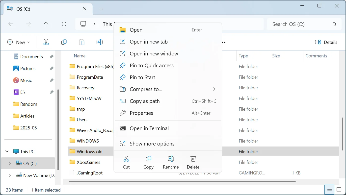 deleting windows.old in Windows 11
