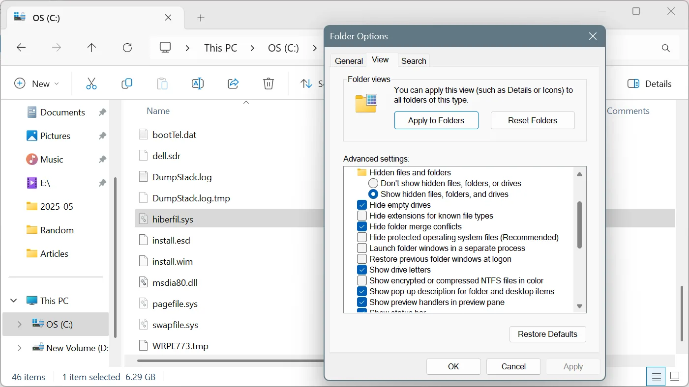 show hiberfil.sys in Windows