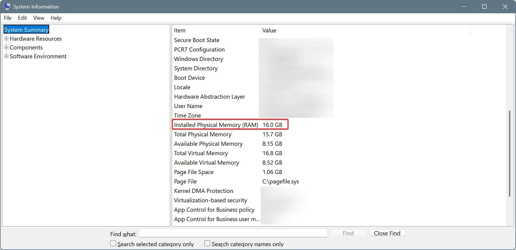 checking RAM in system information