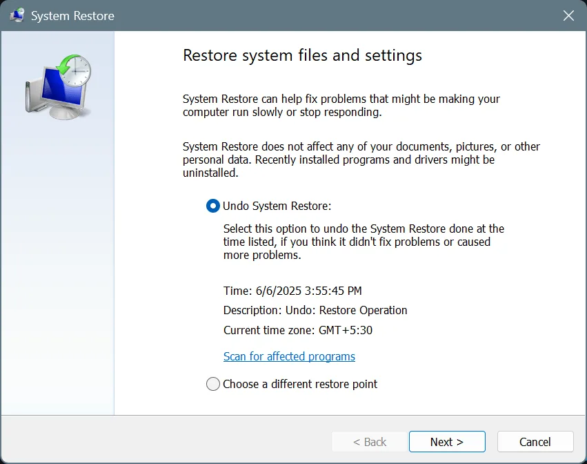 undo system restore option in Windows