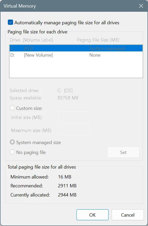 automatic virtual memory in Windows