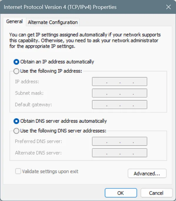 automatic DNS and IP to fix internet not working windows 11