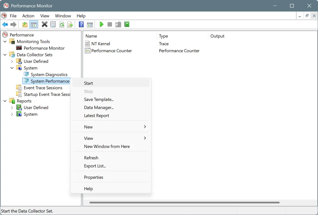 Generating a system performance report in Performance Monitor