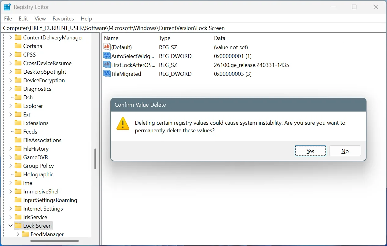 delete registry keys to fix windows black lock screen
