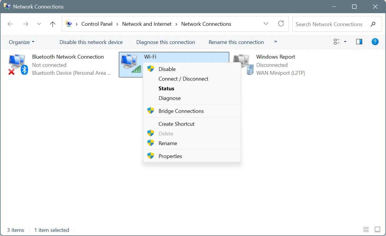 properties for the network adapter