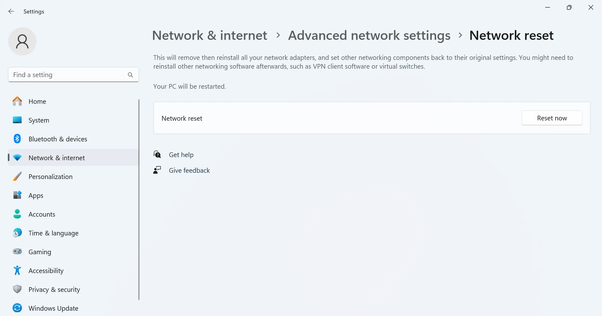 reset to fix internet not working windows 11
