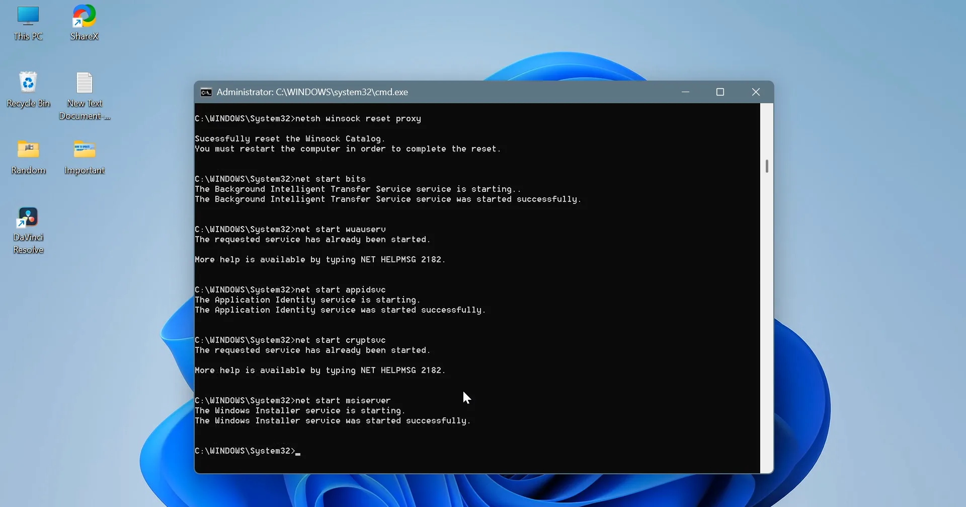 reset windows update components command prompt