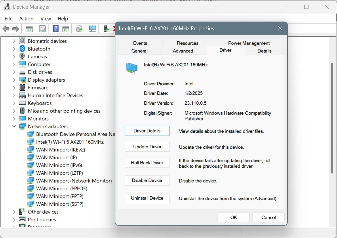 roll back network adapter driver to fix internet not working windows 11