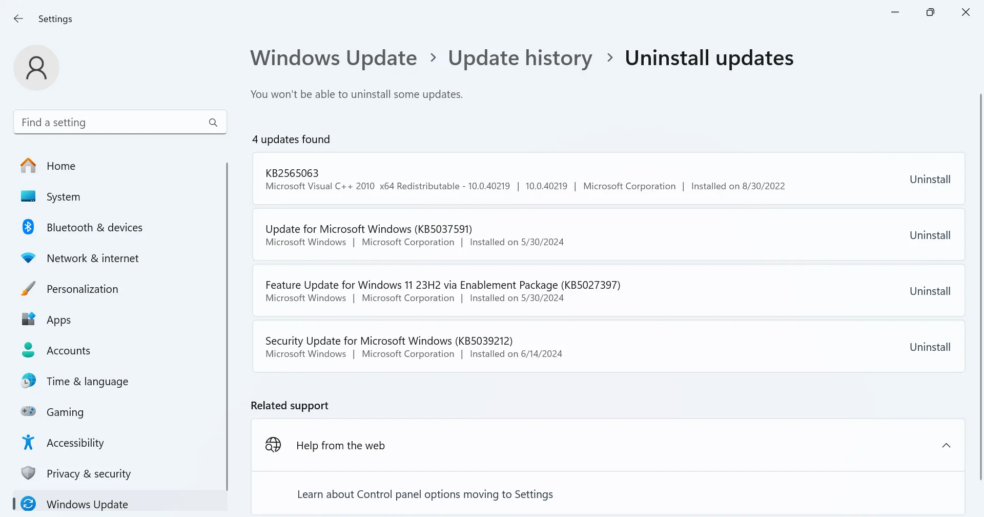 uninstall windows update
