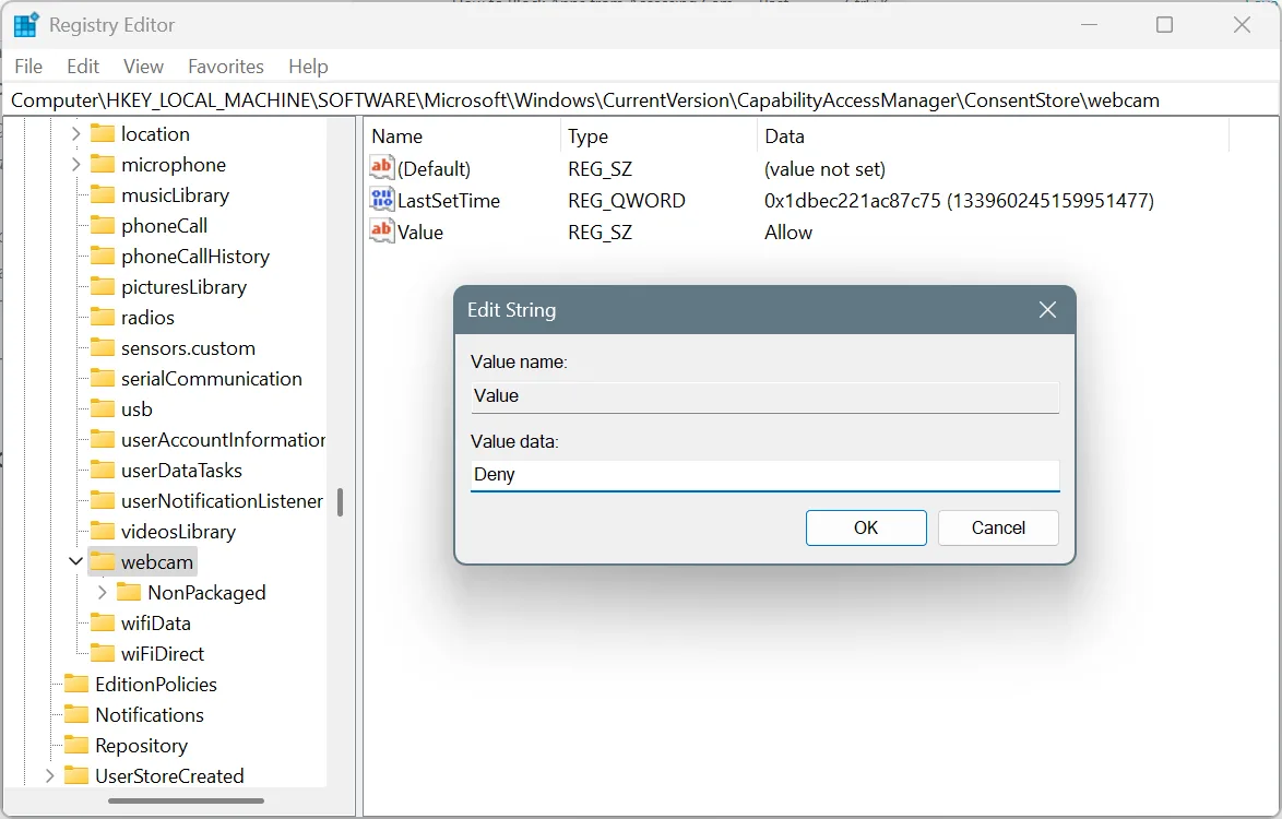 registry edit to Block Apps from Accessing Webcam windows 11