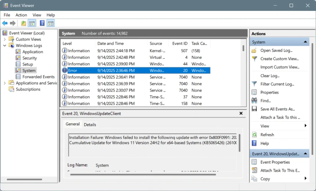 windows update error log in Event Viewer