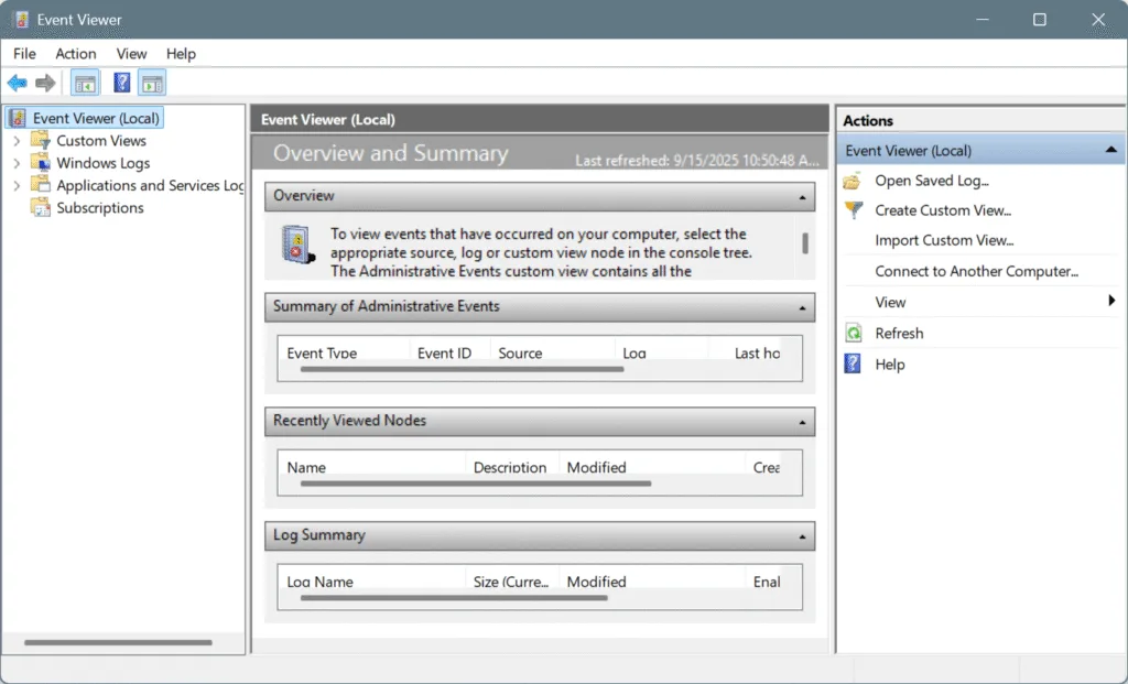 event viewer in Windows