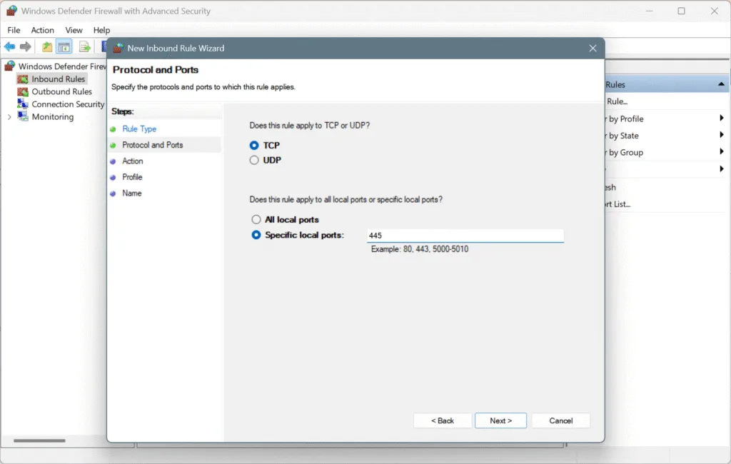 new inbound rule to allow port 445