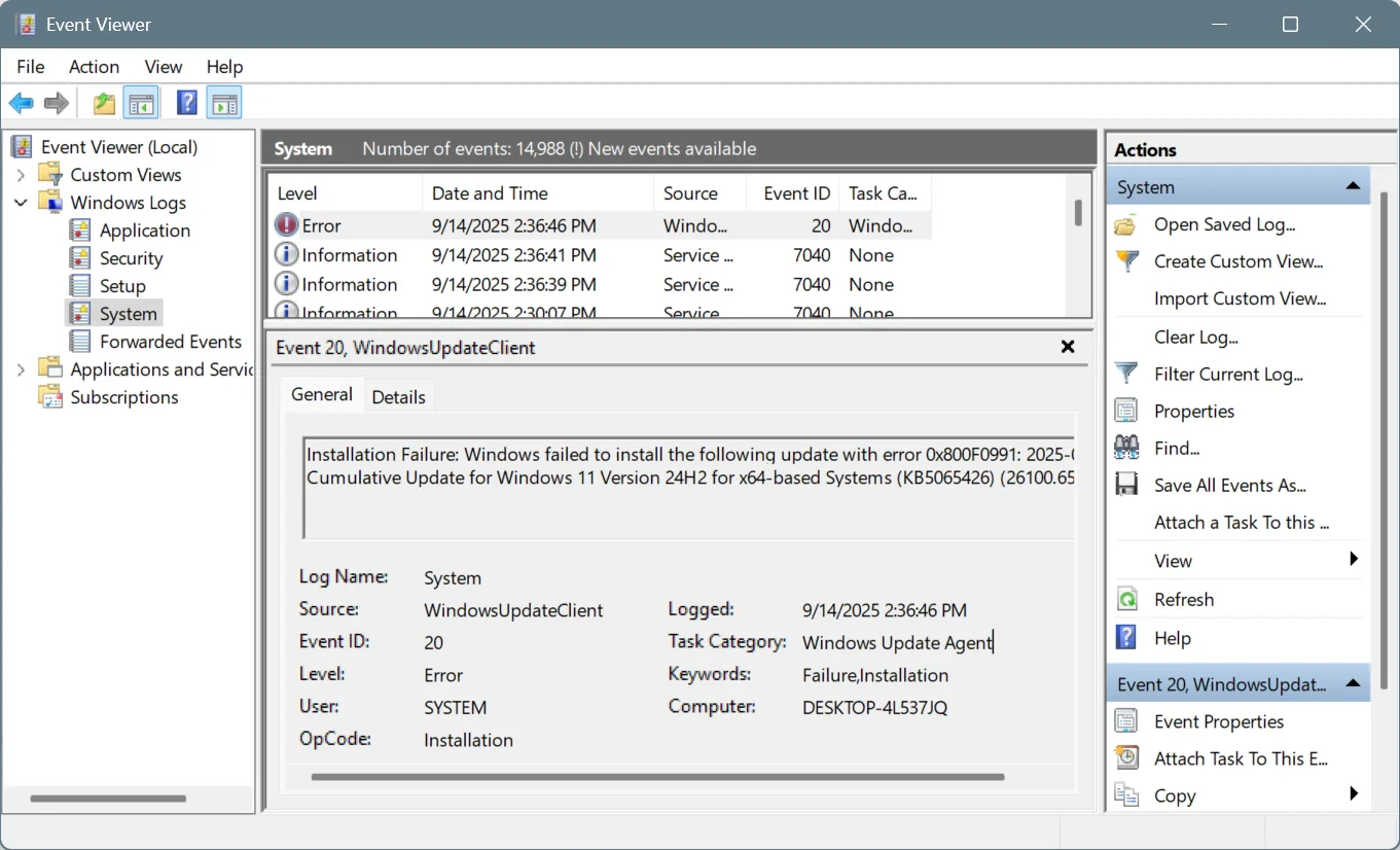 log view in the event viewer