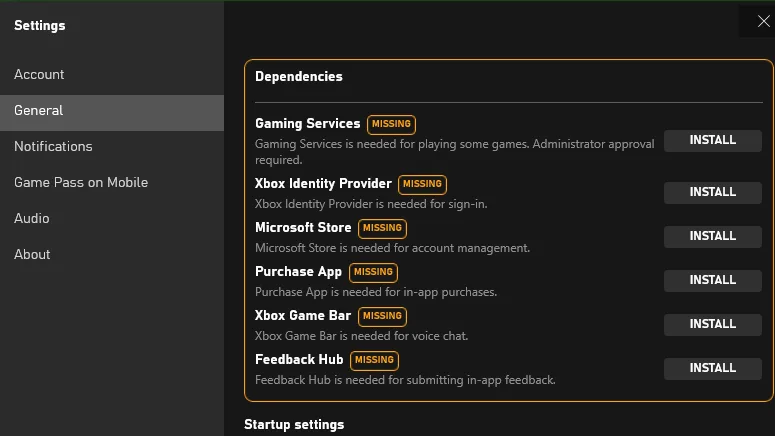 missing dependencies under General