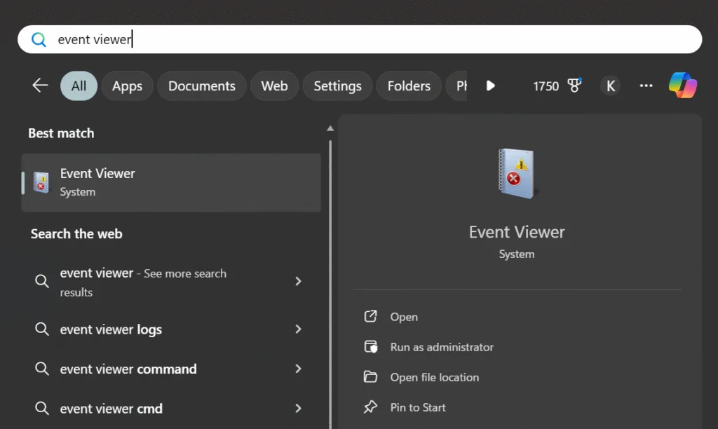 open event viewer from search menu