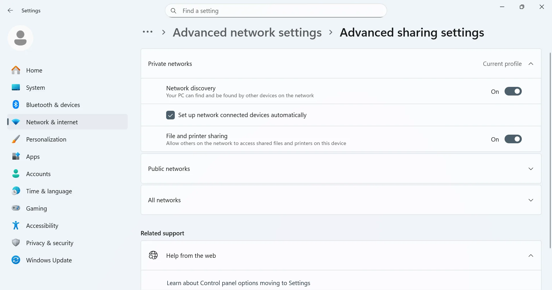 enable network discovery and file and printer sharing