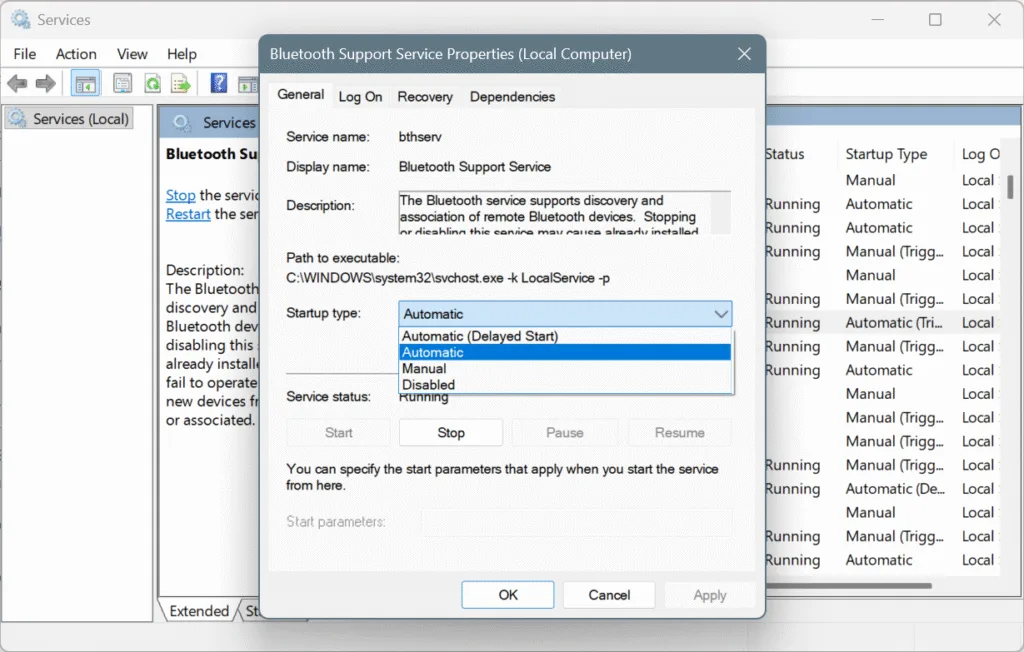 run bluetooth support service