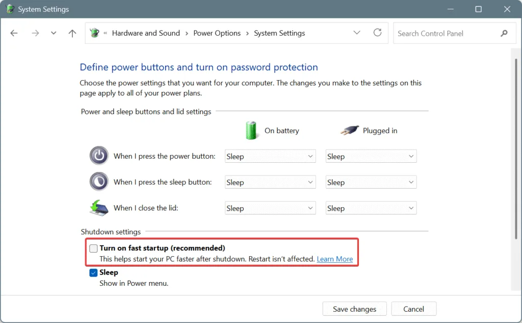 disable fast startup in Windows