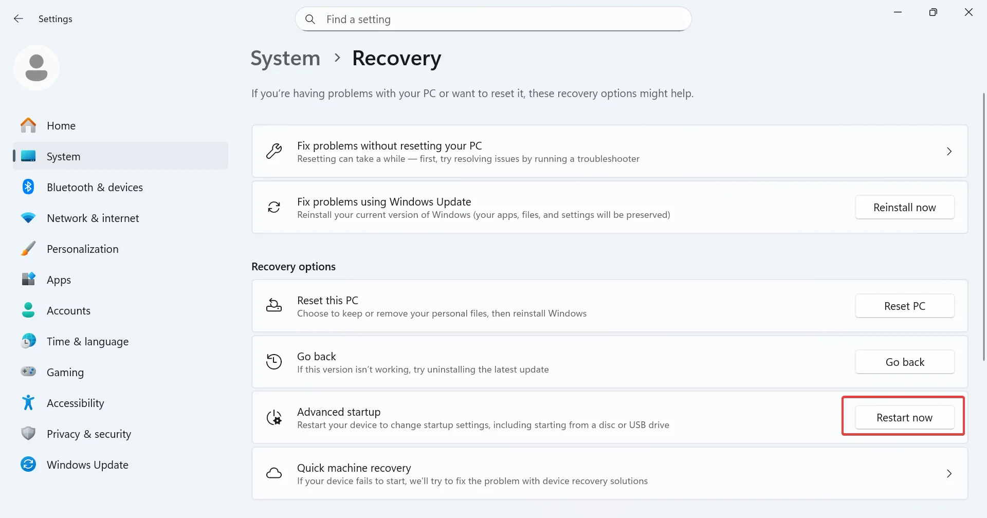 restart now for advanced options
