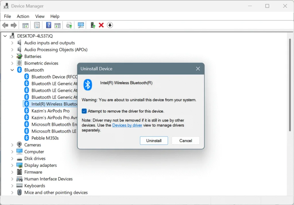 uninstall bluetooth adapter driver